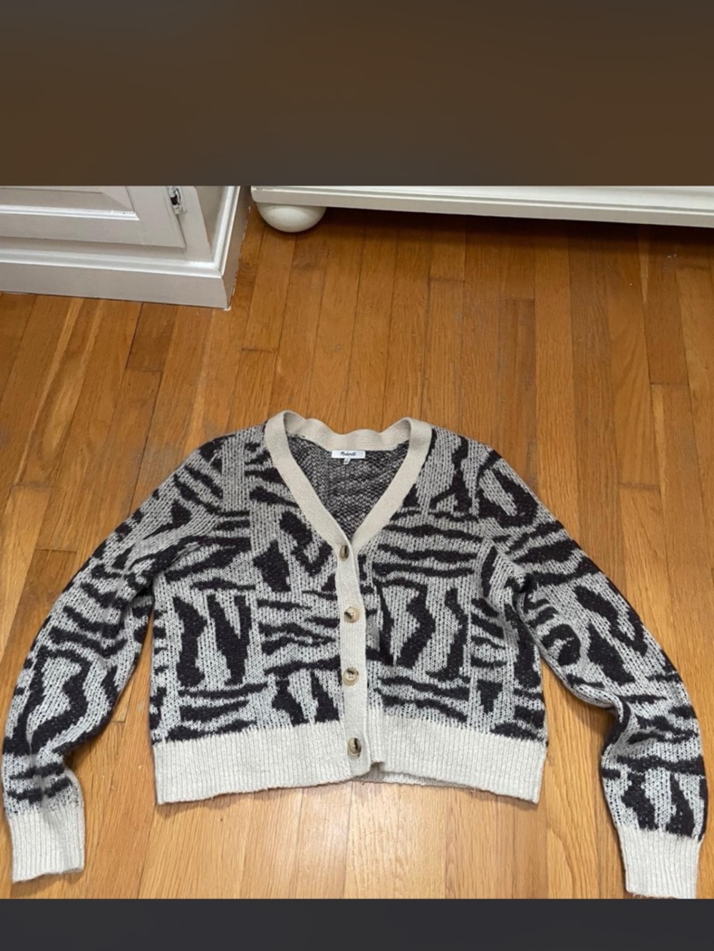 Madewell Black and Cream Abstract Button Front Cardigan